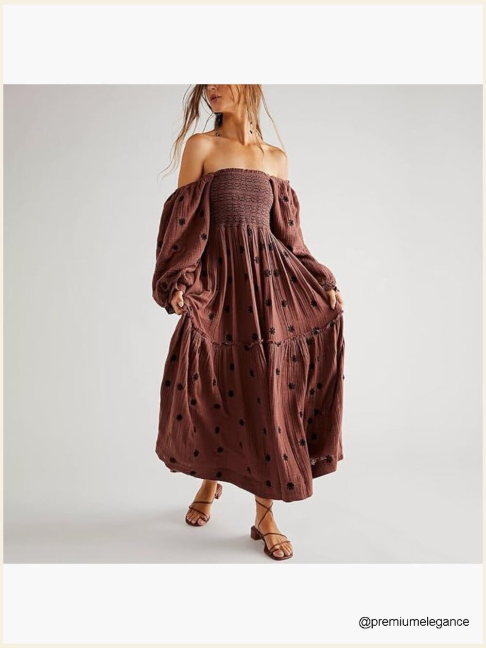 Floral Embroidered Maxi Dress Long Puff Sleeve Square Neck Boho with Pockets - Picture 4 of 4